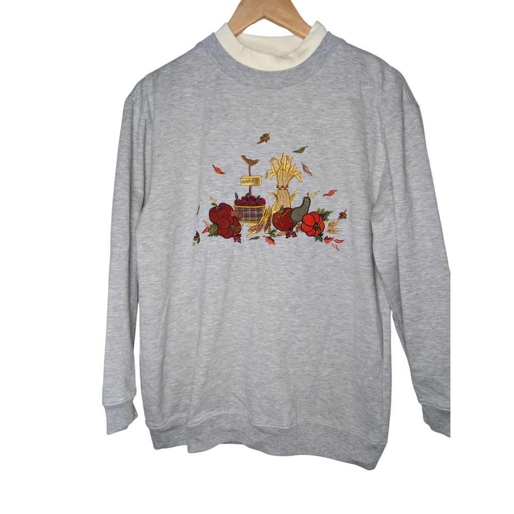 Bobbie Brooks Vintage Heather Grey Embroidered Harvest Pumpkin Sweatshirt S‎